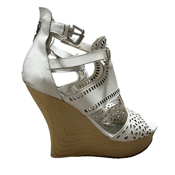 Guess Agenta White Leather Wooden Wedge Heels Sz 6.5 Womens Open Toe Ankle - Picture 12 of 16